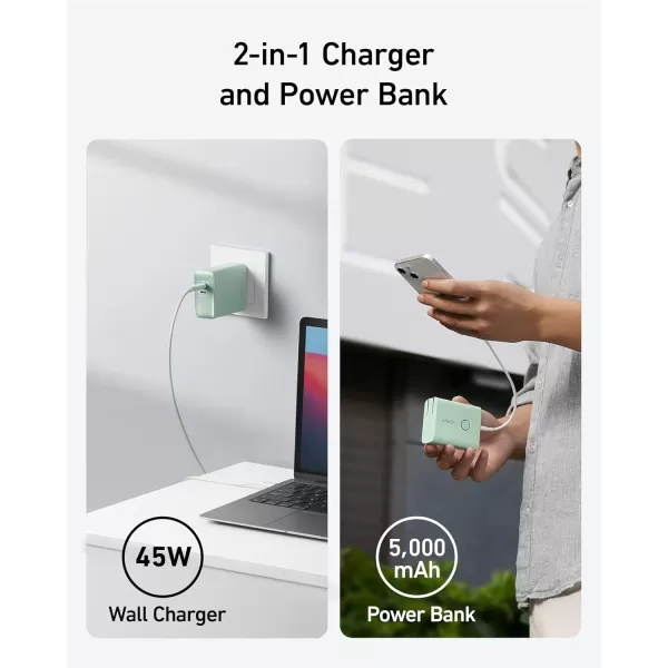 imageAnker 521 Power Bank 45W Wall Charger with 5000mAh 20W Portable Charger DualPort USBC for iPhone 15 Series iPhone 1413 Series iPad Pro AirPods Apple Watch Samsung Galaxy and MoreNatural Green