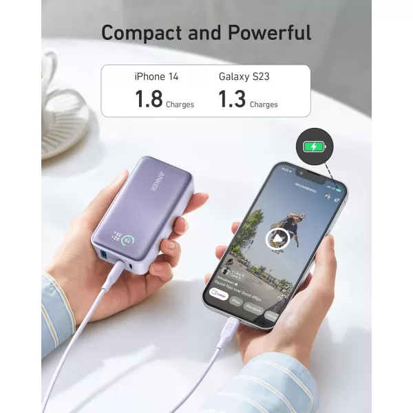 imageAnker Nano Power Bank 10000mAh Portable Charger with Builtin USBC Cable 30W Recharging 30W Max Output with 1 USBC 1 USBA for iPhone 1615 Series MacBook Galaxy AirPods and Morewithout cable Purple