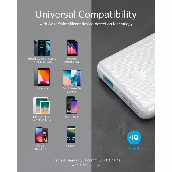 imageAnker Power Bank PowerCore 10K Compact TravelReady 10000mAh Battery Pack with PowerIQ Charging Technology 5V3A HighSpeed Charging USBC In and Out for iPhone iPad Samsung Pixel and MoreUSBC Input OnlyWhite