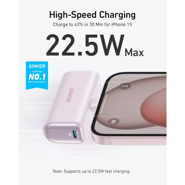 imageAnker iPhone 16 Portable Charger Nano Power Bank with Builtin USB C Connector 5000mAh Portable Charger 225W for iPhone 1615 Series Samsung S2223 Series iPad ProAir AirPods and MoreLilac purple