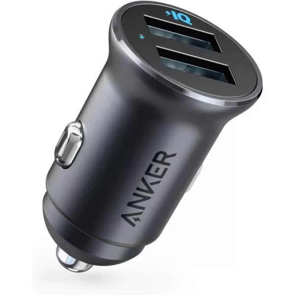 imageAnker 320 Car Charger 24W II Mini Aluminum Alloy Dual USB with Blue LED for iPhone15 14 13 12 Series iPad ProAir 2Mini Galaxy and More  Not Compatible with Quick ChargeBlack