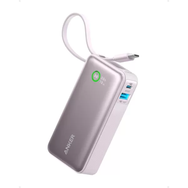 imageAnker Nano Power Bank 10000mAh Portable Charger with Builtin USBC Cable 30W Recharging 30W Max Output with 1 USBC 1 USBA for iPhone 1615 Series MacBook Galaxy AirPods and Morewith cableLilac purple