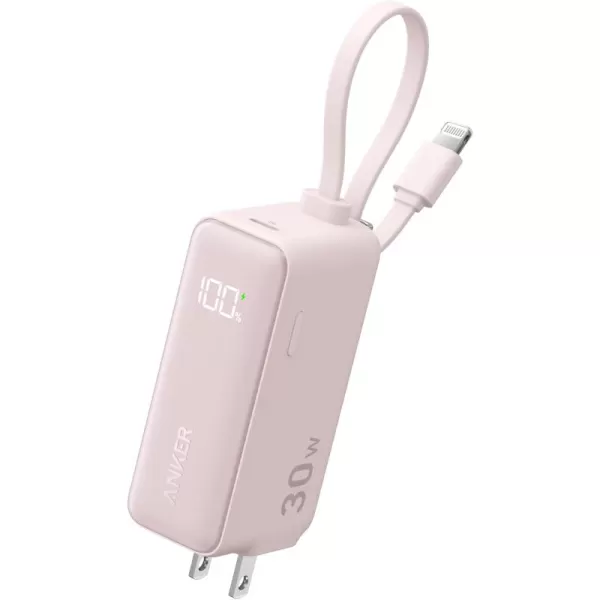 imageAnker Power Bank USB C Charger Block 3in1 5000mAh Portable Charger with Builtin USBC Cable and Foldable AC Plug 30W Max Compact Battery Pack for iPhone 15 Series Galaxy MacBook and MoreLightning CablePink