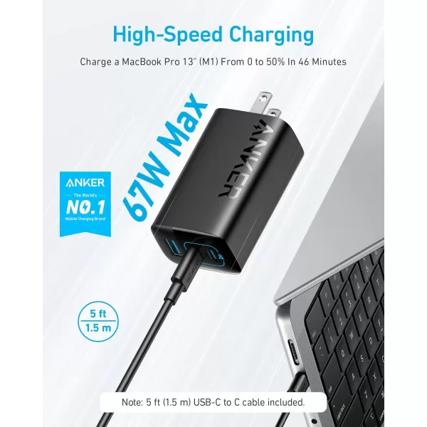 imageAnker 67W USB C Charger 3 Port PIQ 30 Compact and Foldable Fast Charger for MacBook Pro iPad Galaxy Pixel iPhone and More 5ft USB C to USB C Cable Included