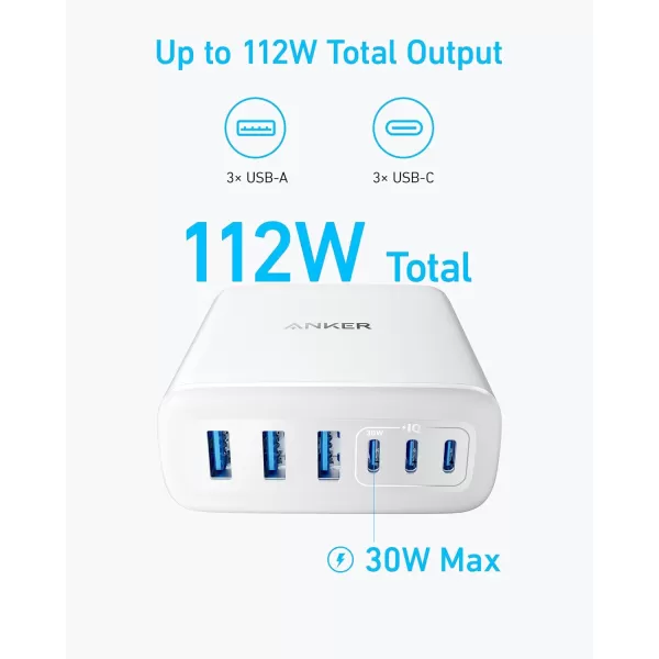 imageAnker Desktop Charger Fast Charging USB C Charger 112W Max 6Port Charging Station for iPhone iPad MacBook Samsung and More Cable Not IncludedWhite