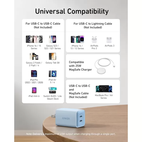 imageAnker Nano Charger 47W USB C Charger 2 Port Compact Foldable GaN Charger for iPhone 1615 and More Series Galaxy Pixel Compatible with MagSafeBlue