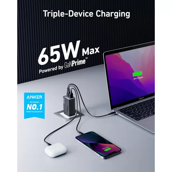 imageAnker USB C Wall Charger GaNPrime 65W 3Port Fast Compact Foldable for MacBook ProAir iPad Pro Galaxy S22S21 HP Spectre Note 2010 iPhone 14Pro Pixel and MorePhantom Black