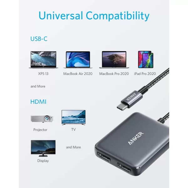 imageAnker USB C to Dual HDMI Adapter Compact and Portable USB C Adapter Supports 4K60Hz and Dual 4K30Hz for MacBookLenovoYogaThinkpad XPS and More macOS only support SST mode