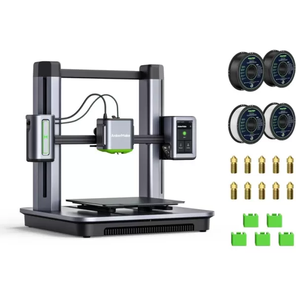 imageThe AnkerMake M5 3D Printer Bundle Comes with 4kg of AnkerMake PLA Filament Including a 2Pack Each of Black and White as Well as 5Pack Silicone Cover and a 10Pack 04 Nozzle Kit