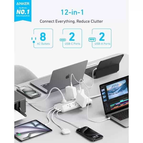 imageAnker Flat Plug Power Strip 12in1 USB C Power Strip with 8 AC Outlets 2 USB C 2 USB A Ports 5feet Extension Cord Slim Desk Charging Station 900J Surge Protection 35W Max for Home OfficeWhite