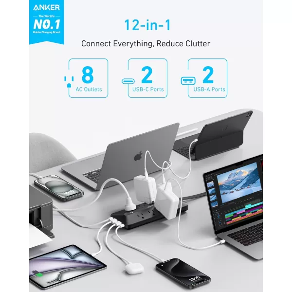 imageAnker Flat Plug Power Strip 12in1 USB C Power Strip with 8 AC Outlets 2 USB C 2 USB A Ports 5feet Extension Cord Slim Desk Charging Station 900J Surge Protection 35W Max for Home OfficeBlack