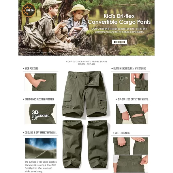 CQR Kids Youth Hiking Cargo Pants UPF 50 Quick Dry Convertible Zip Off Pants Outdoor Camping PantsConvertible Army Green