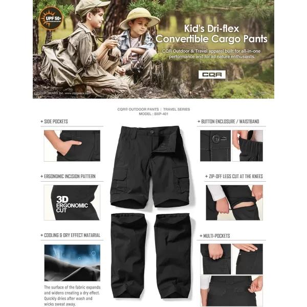 CQR Kids Youth Hiking Cargo Pants UPF 50 Quick Dry Convertible Zip Off Pants Outdoor Camping PantsConvertible Black