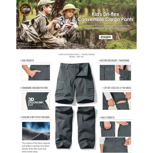 CQR Kids Youth Hiking Cargo Pants UPF 50 Quick Dry Convertible Zip Off Pants Outdoor Camping PantsConvertible Charcoal