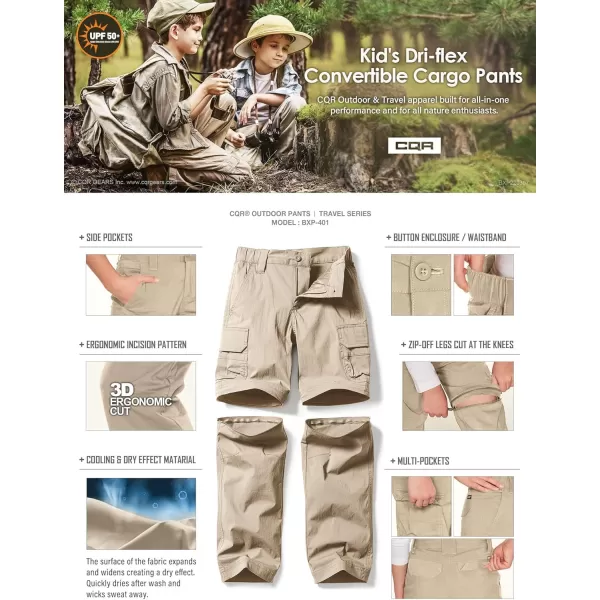 CQR Kids Youth Hiking Cargo Pants UPF 50 Quick Dry Convertible Zip Off Pants Outdoor Camping PantsConvertible Khaki