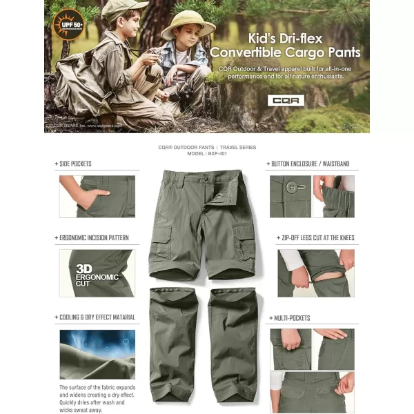 CQR Kids Youth Hiking Cargo Pants UPF 50 Quick Dry Convertible Zip Off Pants Outdoor Camping PantsConvertible Olive