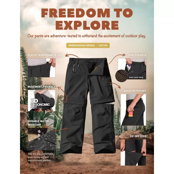 CQR Kids Youth Hiking Cargo Pants UPF 50 Quick Dry Convertible Zip Off Pants Outdoor Camping PantsShenandoah Black