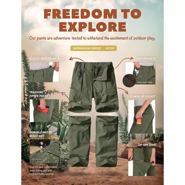 CQR Kids Youth Hiking Cargo Pants UPF 50 Quick Dry Convertible Zip Off Pants Outdoor Camping PantsShenandoah Zip Pocket Army Green