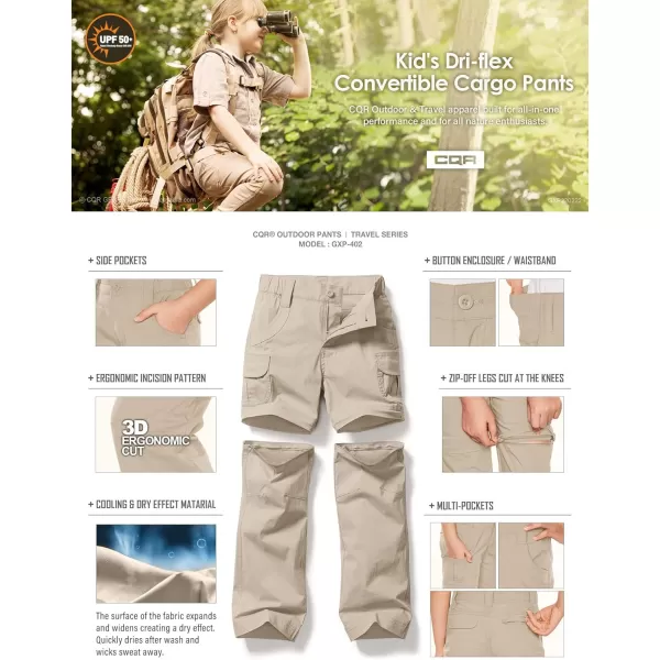 CQR Kids Youth Hiking Cargo Pants UPF 50 Quick Dry Convertible Zip OffRegular Pants Outdoor Camping PantsConvertible Khaki