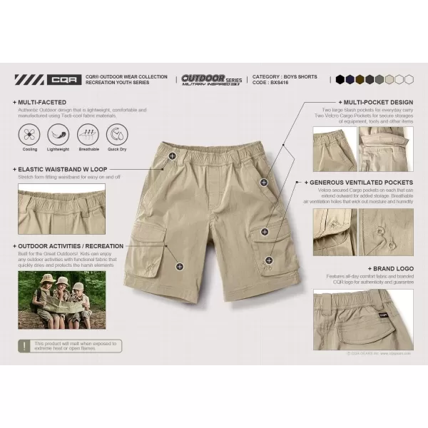 CQR Kids Youth Pull on Cargo Shorts Outdoor Camping Hiking Shorts Lightweight Elastic Waist Athletic Short with PocketsDriflex Shorts Brown