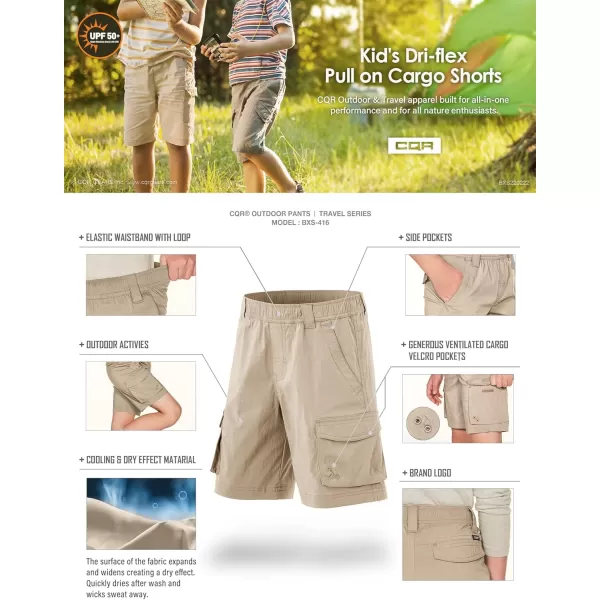 CQR Kids Youth Pull on Cargo Shorts Outdoor Camping Hiking Shorts Lightweight Elastic Waist Athletic Short with PocketsDriflex Shorts Khaki