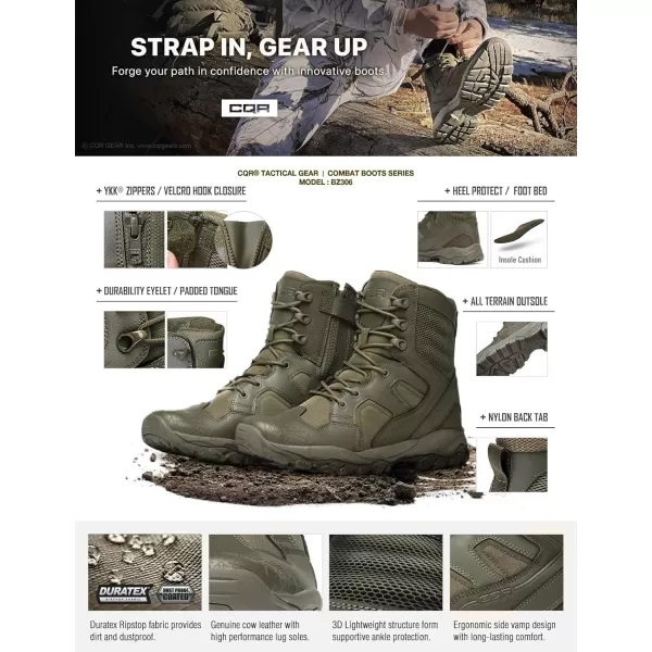 CQR Mens Military Tactical Boots Lightweight 6 Inches Combat Boots Durable EDC Outdoor Work BootsPatrol 6 With Zipper Soil Green