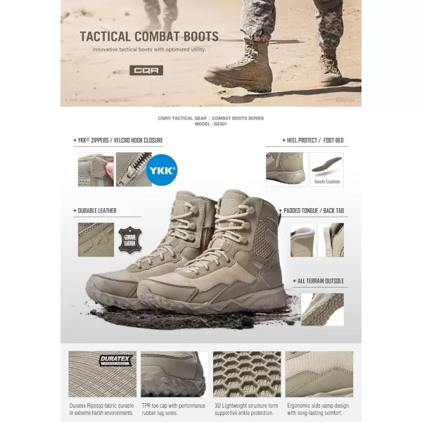 CQR Mens Military Tactical Boots Lightweight 6 Inches Combat Boots Durable EDC Outdoor Work BootsRaider 6  Zip Sand