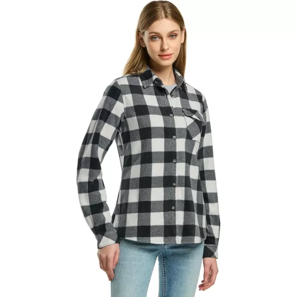 CQR Womens Long Sleeve Heavyweight Fleece Shirts Plaid Button Up Shirt Warm Charmbray Trim Lined Collar ShirtPolar Fleece Black White