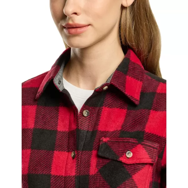 CQR Womens Long Sleeve Heavyweight Fleece Shirts Plaid Button Up Shirt Warm Charmbray Trim Lined Collar ShirtPolar Fleece Red