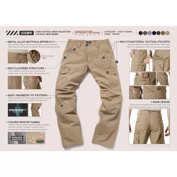 CQR Mens Quick Dry Work Pants Water Resistant Outdoor Tactical Pants Lightweight Stretch Cargo Hiking PantsWork Cargo Pants Coyote Brown