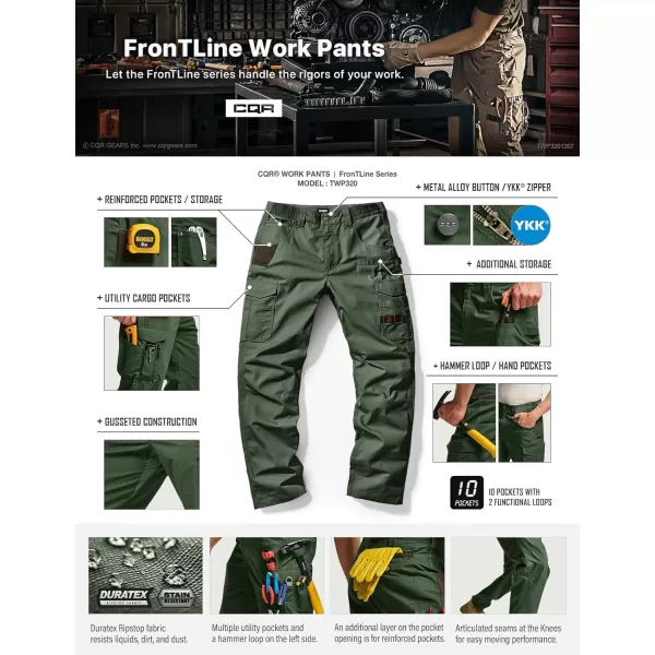 CQR Mens Quick Dry Work Pants Water Resistant Outdoor Tactical Pants Lightweight Stretch Cargo Hiking PantsWork Pants Green Kelp