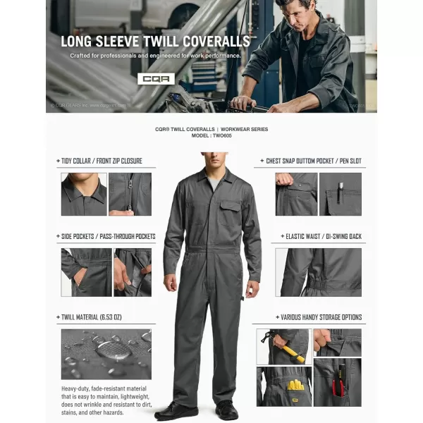 CQR Mens ZipFront Coverall Twill Stain ampamp Wrinkle Resistant Work Coverall Action Back Jumpsuit with Multi PocketsTwill Flap Long Sleeve Grey