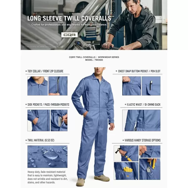 CQR Mens ZipFront Coverall Twill Stain ampamp Wrinkle Resistant Work Coverall Action Back Jumpsuit with Multi PocketsTwill Flap Long Sleeve Mid Blue