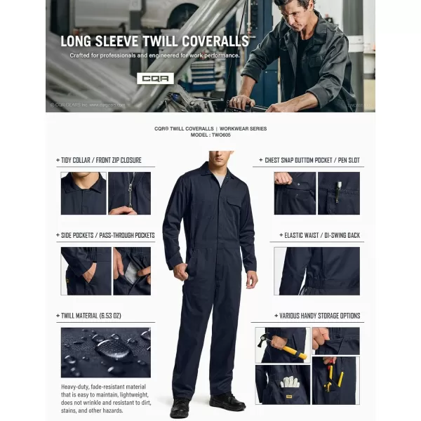 CQR Mens ZipFront Coverall Twill Stain ampamp Wrinkle Resistant Work Coverall Action Back Jumpsuit with Multi PocketsTwill Flap Long Sleeve Navy