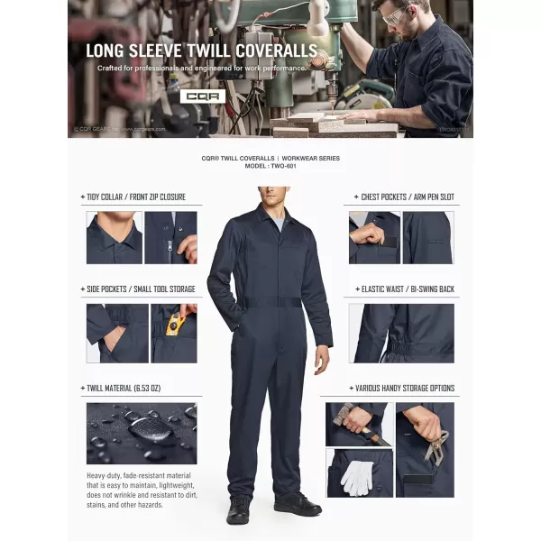 CQR Mens ZipFront Coverall Twill Stain ampamp Wrinkle Resistant Work Coverall Action Back Jumpsuit with Multi PocketsTwill Long Sleeve Black