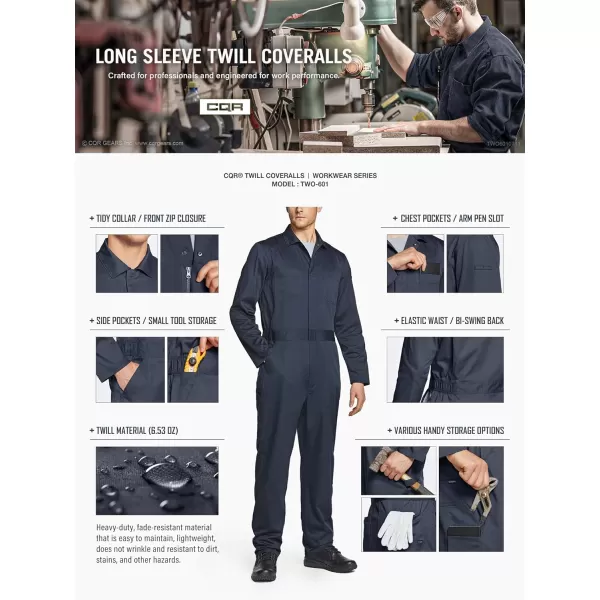 CQR Mens ZipFront Coverall Twill Stain ampamp Wrinkle Resistant Work Coverall Action Back Jumpsuit with Multi PocketsTwill Long Sleeve Dark Navy