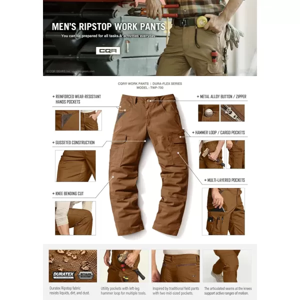 CQR Mens Flex Ripstop Work Pants Water Resistant Tactical Pants Outdoor Utility Operator EDC Cargo PantsDura Flex Copper Brown