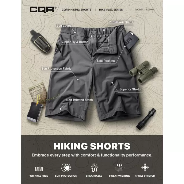 CQR Mens Hiking Cargo Shorts Quick Dry Stretch Tactical Outdoor Shorts Lightweight Camping Golf Shorts with Multi PocketsHike Flex Grey