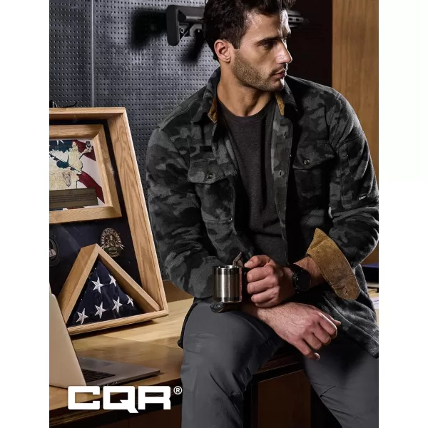 CQR Mens Long Sleeve Heavyweight Fleece Shirts Plaid Button Up Shirt Warm Outdoor Casual Shirt with PocketsHidden Zipper Pocket Urban Camo Black