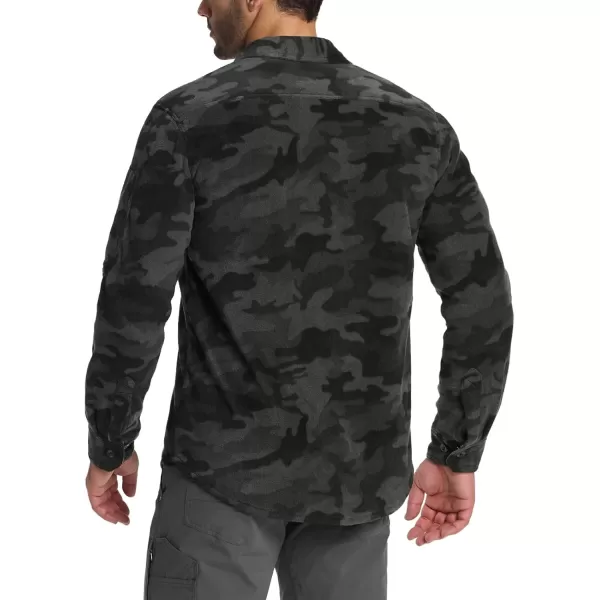 CQR Mens Long Sleeve Heavyweight Fleece Shirts Plaid Button Up Shirt Warm Outdoor Casual Shirt with PocketsHidden Zipper Pocket Urban Camo Black