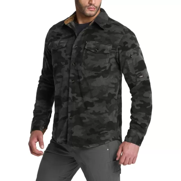 CQR Mens Long Sleeve Heavyweight Fleece Shirts Plaid Button Up Shirt Warm Outdoor Casual Shirt with PocketsHidden Zipper Pocket Urban Camo Black