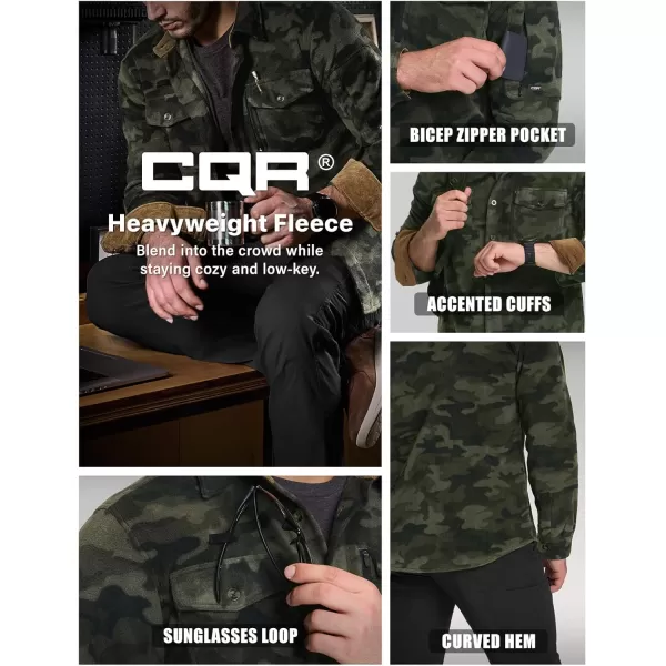 CQR Mens Long Sleeve Heavyweight Fleece Shirts Plaid Button Up Shirt Warm Outdoor Casual Shirt with PocketsHidden Zipper Pocket Woodland Camo Olive