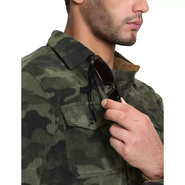 CQR Mens Long Sleeve Heavyweight Fleece Shirts Plaid Button Up Shirt Warm Outdoor Casual Shirt with PocketsHidden Zipper Pocket Woodland Camo Olive