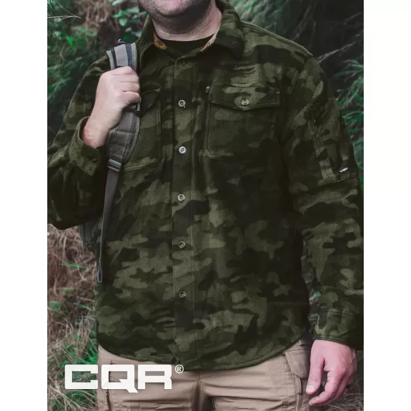 CQR Mens Long Sleeve Heavyweight Fleece Shirts Plaid Button Up Shirt Warm Outdoor Casual Shirt with PocketsHidden Zipper Pocket Woodland Camo Olive