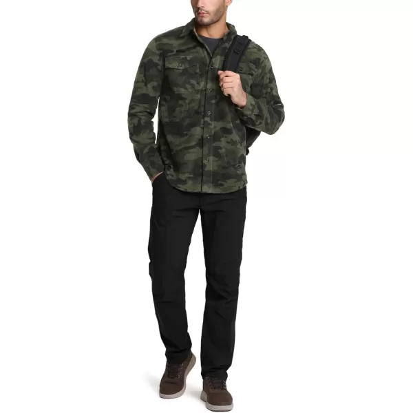 CQR Mens Long Sleeve Heavyweight Fleece Shirts Plaid Button Up Shirt Warm Outdoor Casual Shirt with PocketsHidden Zipper Pocket Woodland Camo Olive