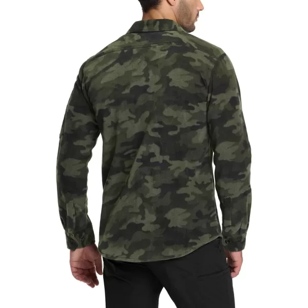 CQR Mens Long Sleeve Heavyweight Fleece Shirts Plaid Button Up Shirt Warm Outdoor Casual Shirt with PocketsHidden Zipper Pocket Woodland Camo Olive