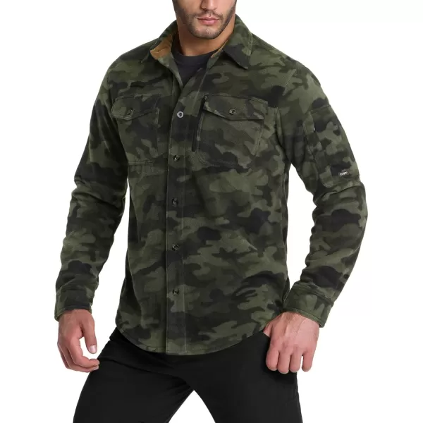 CQR Mens Long Sleeve Heavyweight Fleece Shirts Plaid Button Up Shirt Warm Outdoor Casual Shirt with PocketsHidden Zipper Pocket Woodland Camo Olive