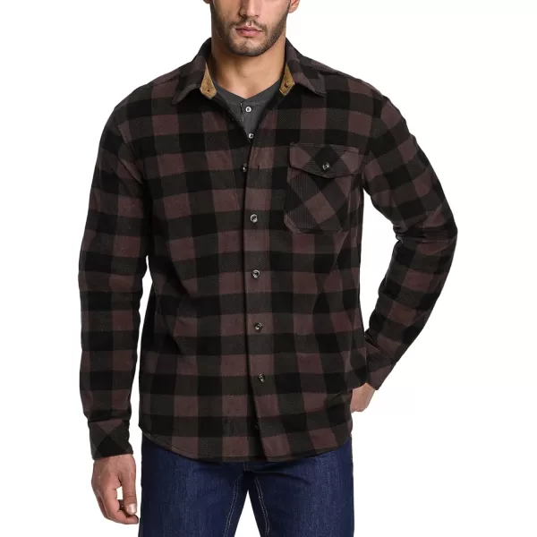 CQR Mens Long Sleeve Heavyweight Fleece Shirts Plaid Button Up Shirt Warm Outdoor Casual Shirt with PocketsOne Pocket Dark Brown