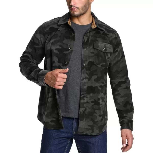 CQR Mens Long Sleeve Heavyweight Fleece Shirts Plaid Button Up Shirt Warm Outdoor Casual Shirt with PocketsOne Pocket Urban Camo Black