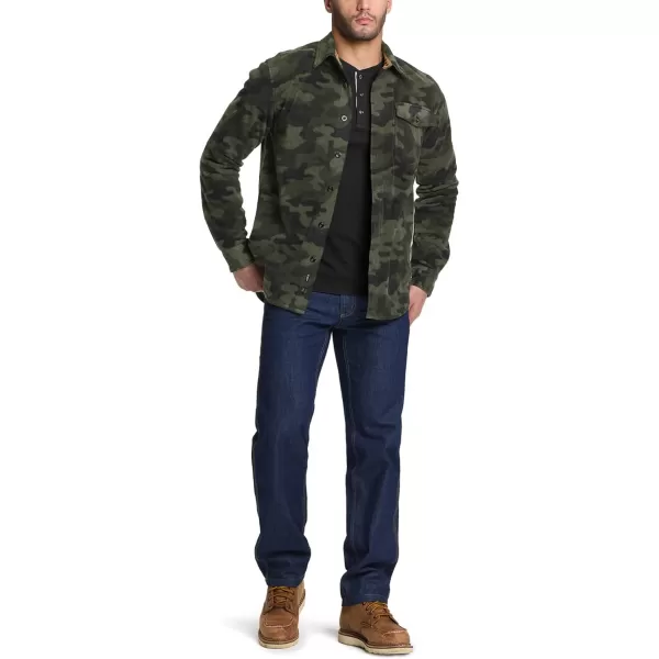 CQR Mens Long Sleeve Heavyweight Fleece Shirts Plaid Button Up Shirt Warm Outdoor Casual Shirt with PocketsOne Pocket Woodland Camo Olive